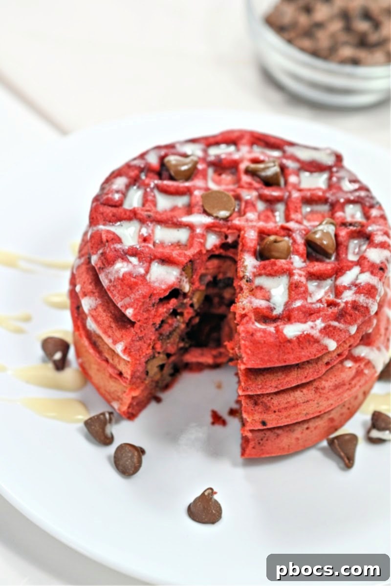 Stack of Keto Chocolate Chip Red Velvet Waffles