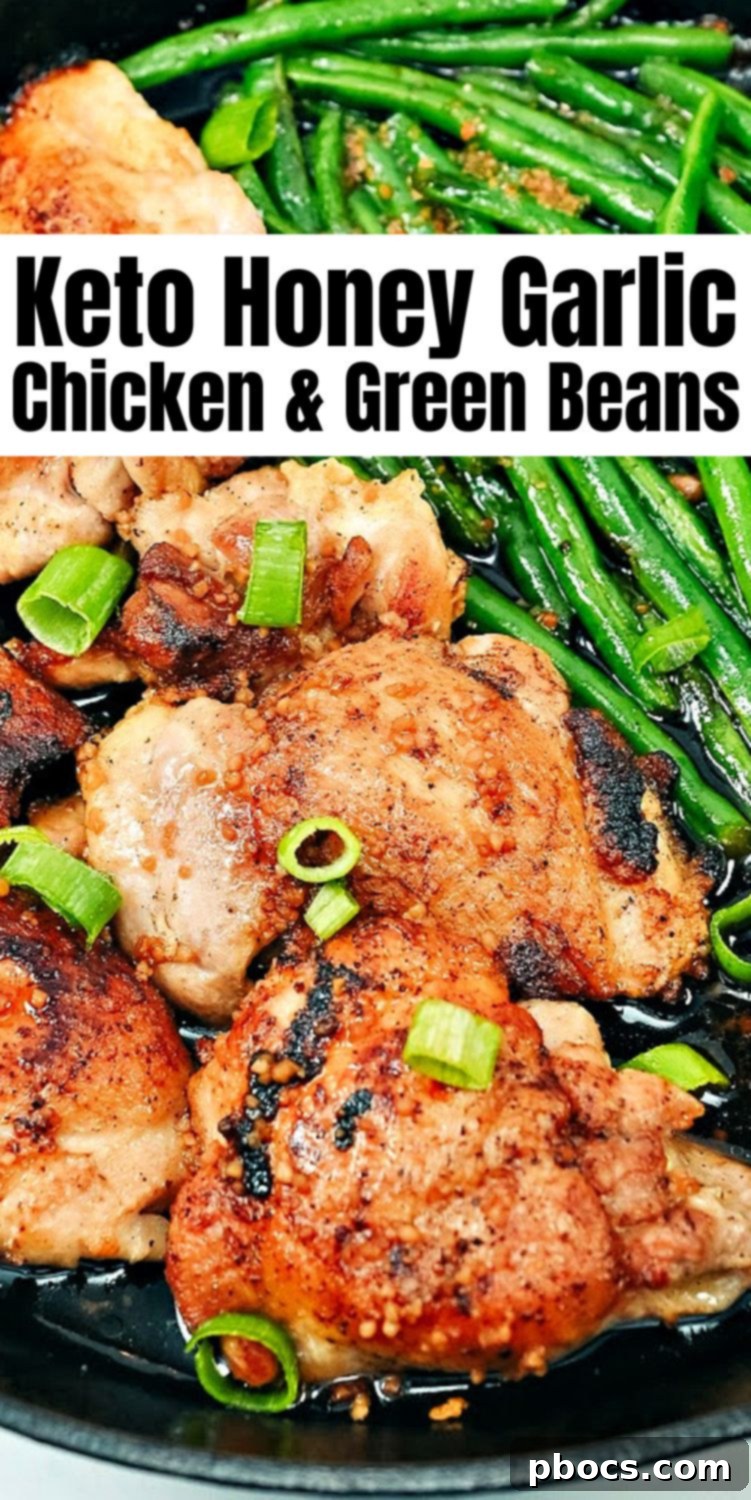 Keto Honey Garlic Chicken with Green Beans 13 Promotional image for Keto Honey Garlic Chicken and Green Bean Skillet, encouraging pinning on Pinterest.