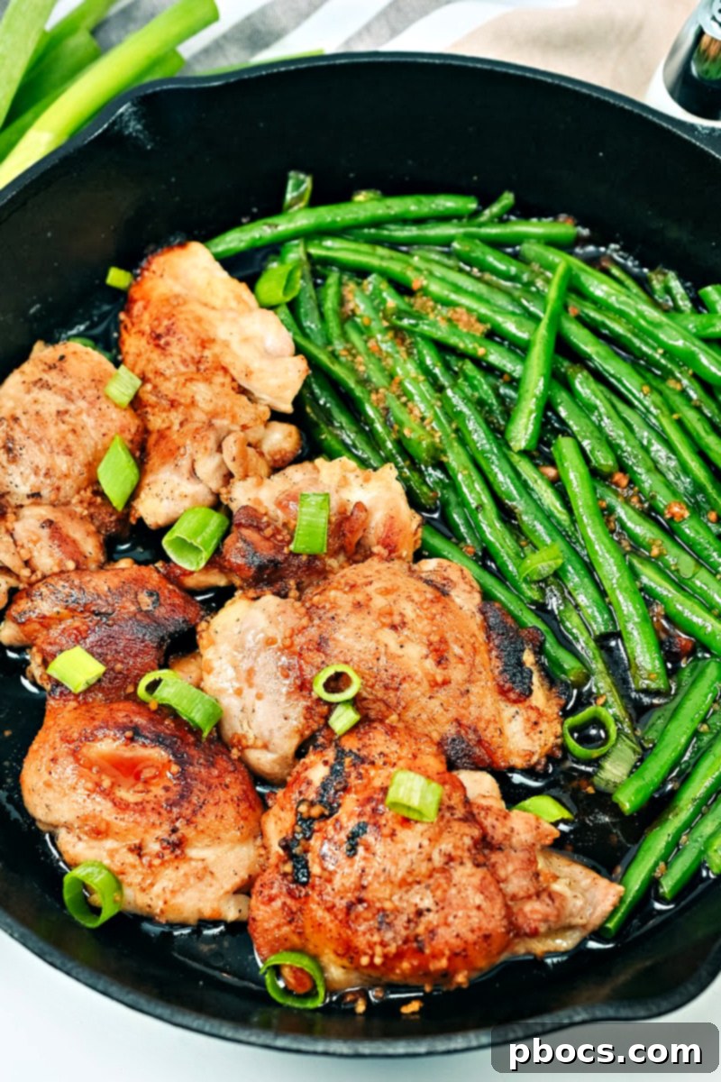 Keto Honey Garlic Chicken with Green Beans 3 Close-up of Keto Honey Garlic Chicken and Green Bean Skillet, showing rich sauce and tender ingredients.