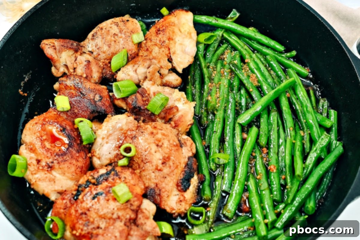 Keto Honey Garlic Chicken with Green Beans 6 Overhead shot of the finished Keto Honey Garlic Chicken and Green Bean Skillet, ready to be served.