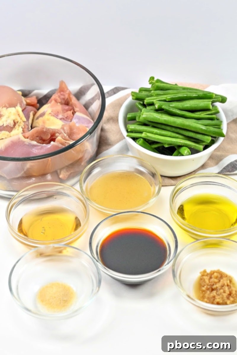 Keto Honey Garlic Chicken with Green Beans 8 All the fresh ingredients laid out for Keto Honey Garlic Chicken and Green Bean Skillet recipe preparation.