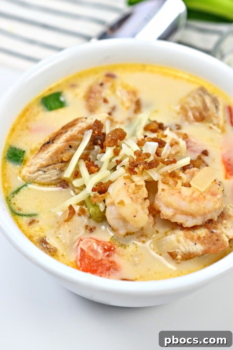 Delicious Keto Cajun Chicken and Shrimp Soup in a bowl