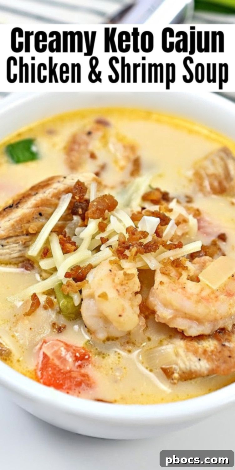 Keto Cajun Chicken and Shrimp Soup recipe card pin