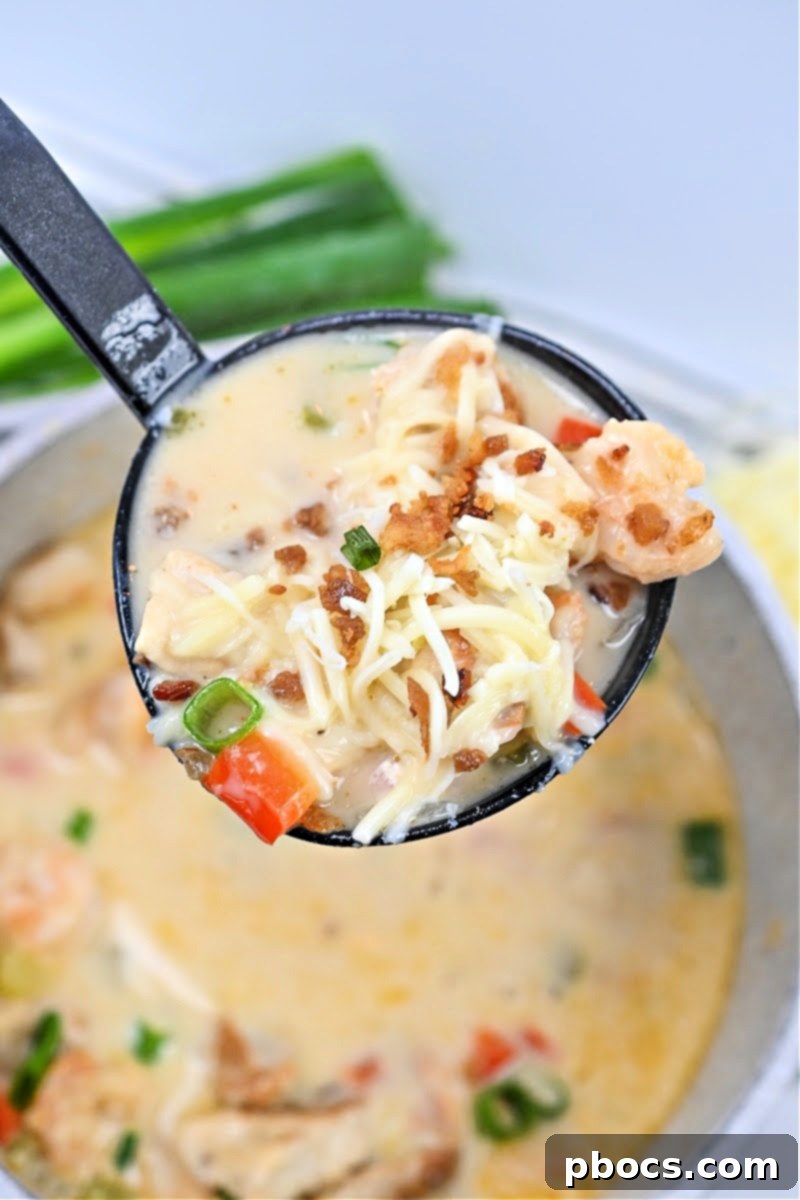 Overhead view of a bowl of Keto Cajun Chicken & Shrimp Soup