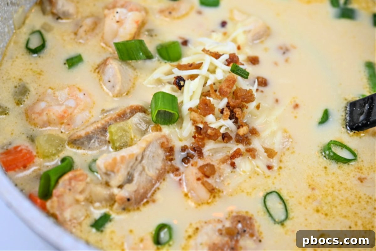 Keto Cajun Chicken and Shrimp Soup ready to be served