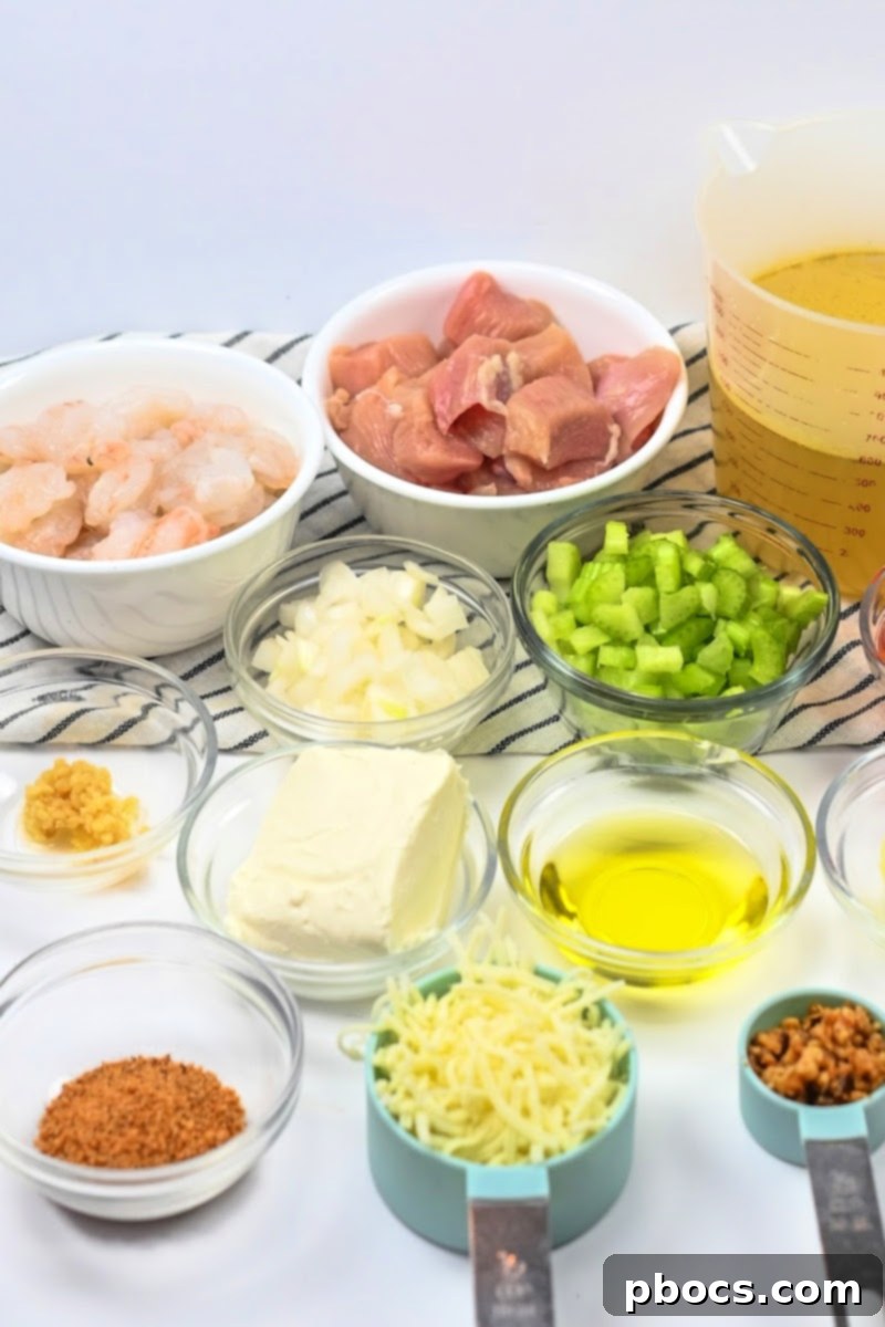 Ingredients for Keto Cajun Chicken & Shrimp Soup including olive oil, chicken, shrimp, vegetables, and seasonings