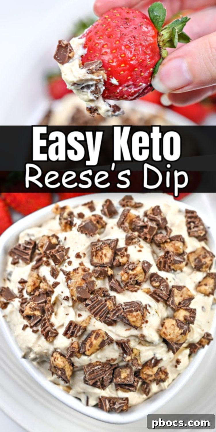 Keto Peanut Butter Chocolate Dip 13 Vertical shot of Keto Reese's Dip in a serving bowl with fresh strawberries, perfect for pinning on Pinterest. #ketoreesesdip #reesesdip