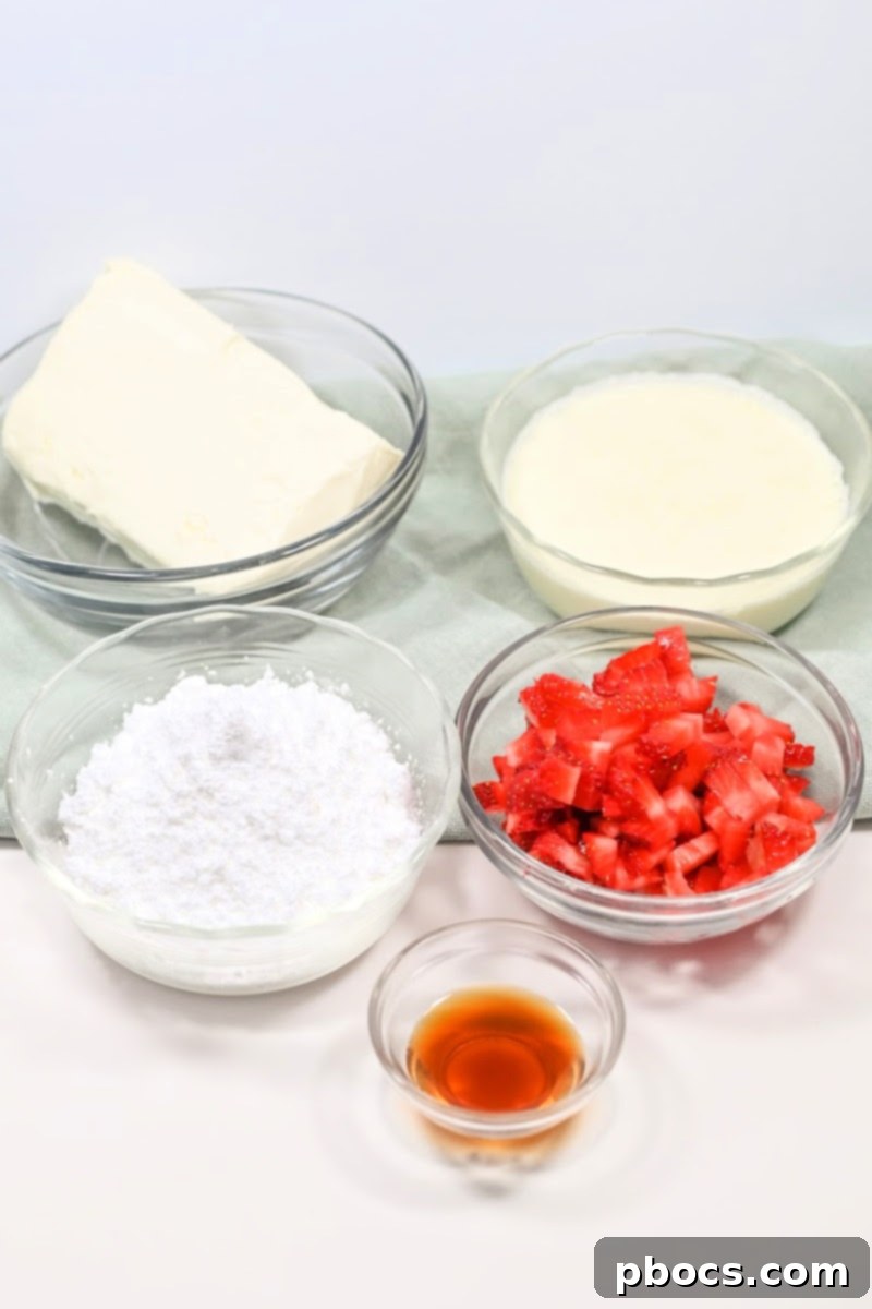 Decadent Keto Strawberry Fudge 8 Ingredients for Keto Strawberry Cream Fudge laid out on a kitchen counter