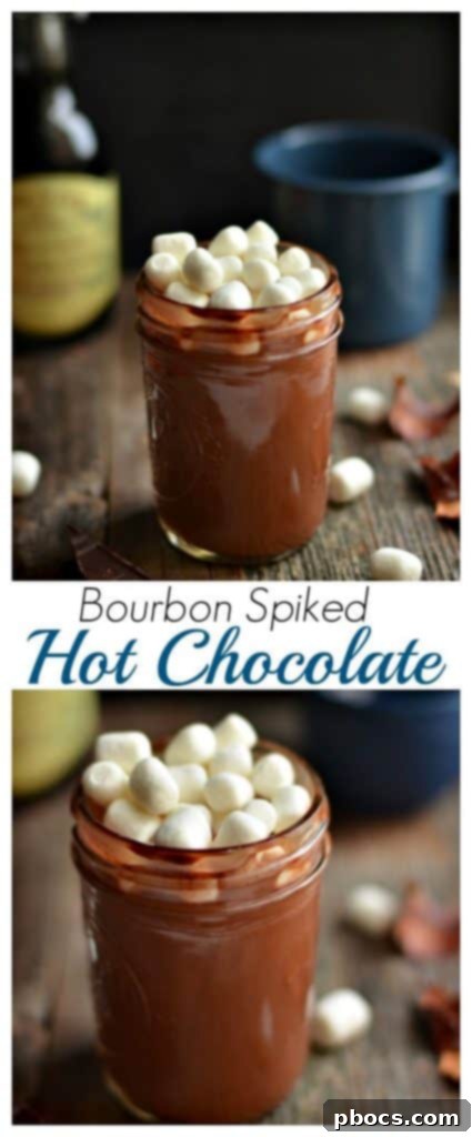 Decadent Bourbon Cocoa Elixir 2 Close-up of Homemade Bourbon Spiked Hot Chocolate with melting marshmallows.