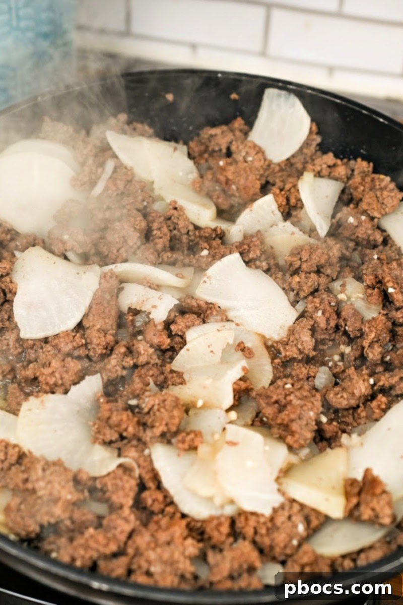 Keto Country Burger Skillet 9 Adding Turnips to the ground beef