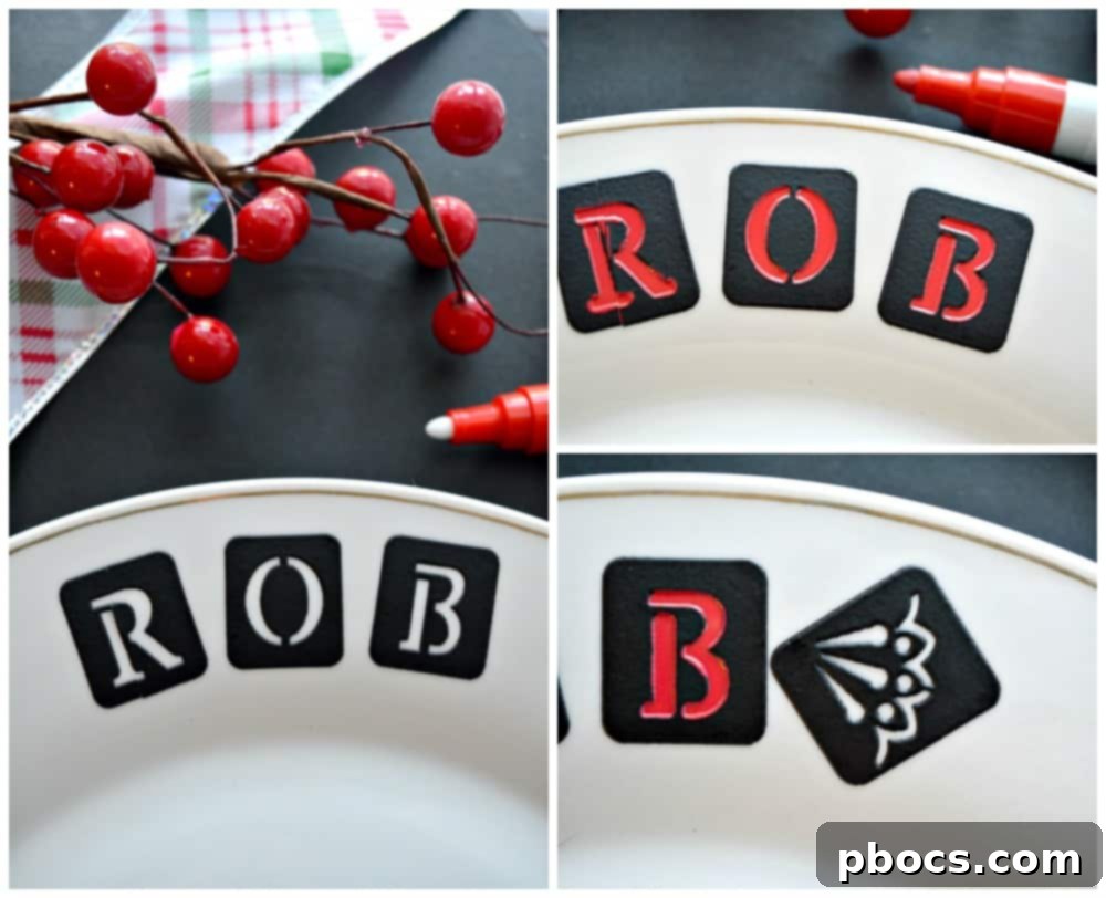 Decorating the custom dinner plate with stencils and markers