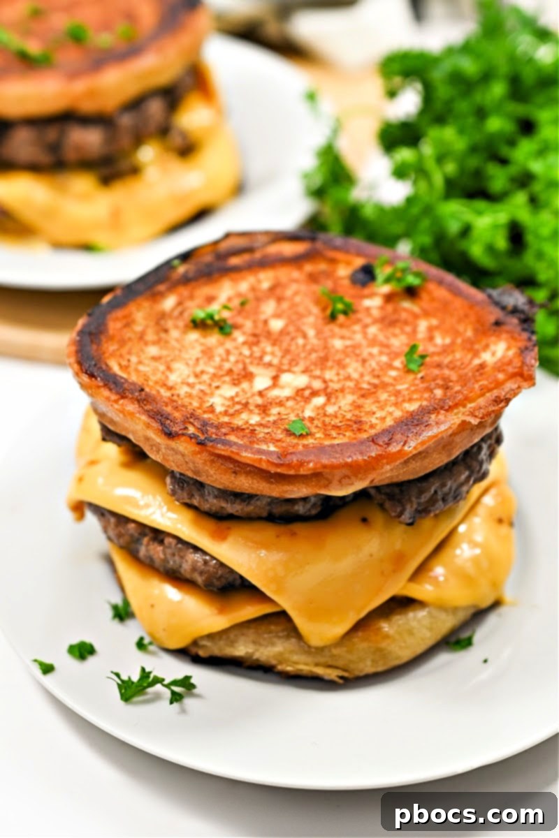 Two halves of a Keto Five Guys Cheeseburger Grilled Cheese, showing the layers