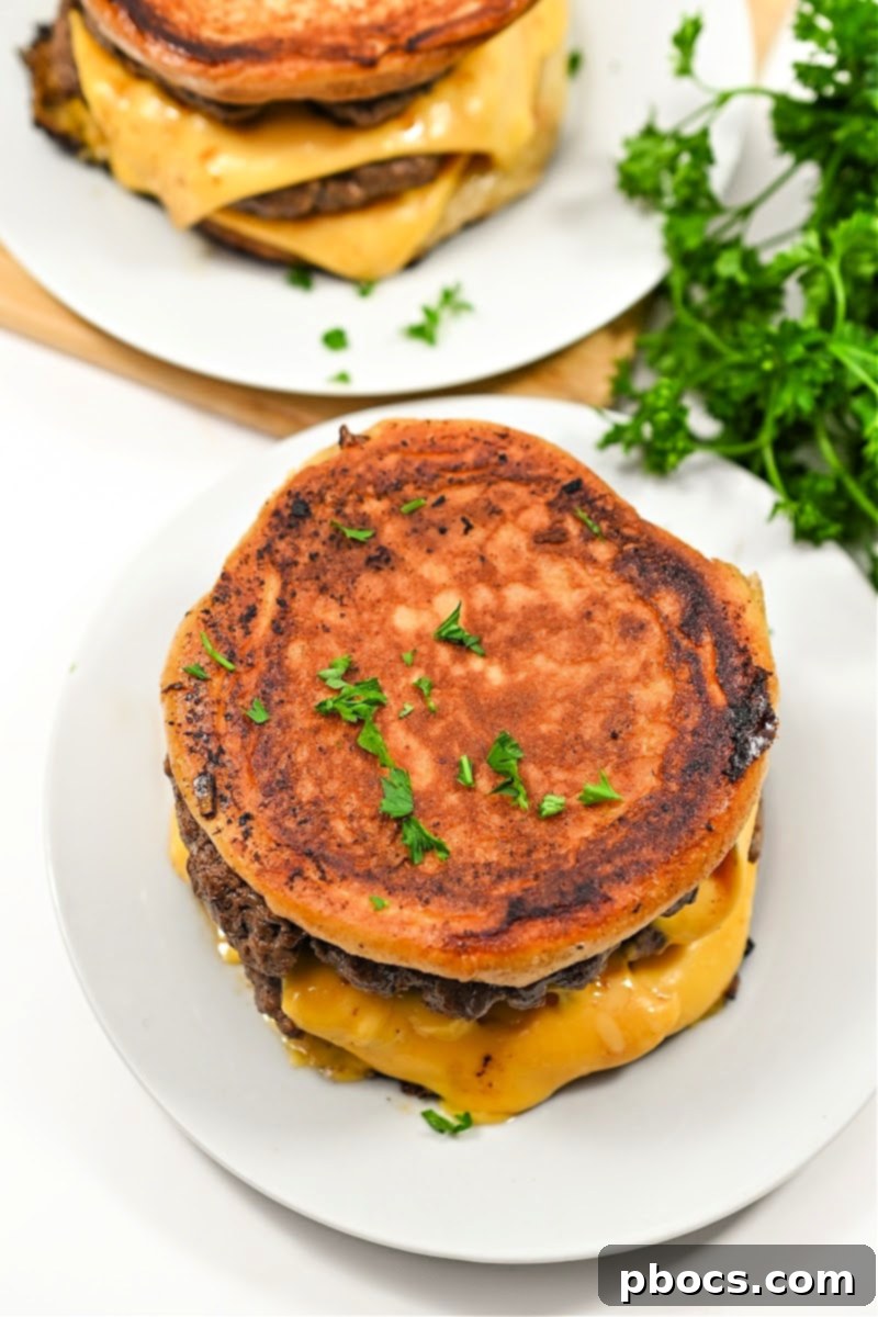 Assembled Keto Five Guys Cheeseburger Grilled Cheese showing the layers of bun, patties, and cheese