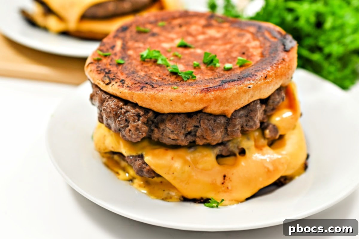 Keto Five Guys Cheeseburger Grilled Cheese served with keto fried pickles and keto potato salad