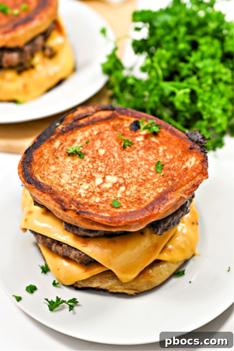 Keto Five Guys Cheeseburger Grilled Cheese, freshly cooked and ready to serve