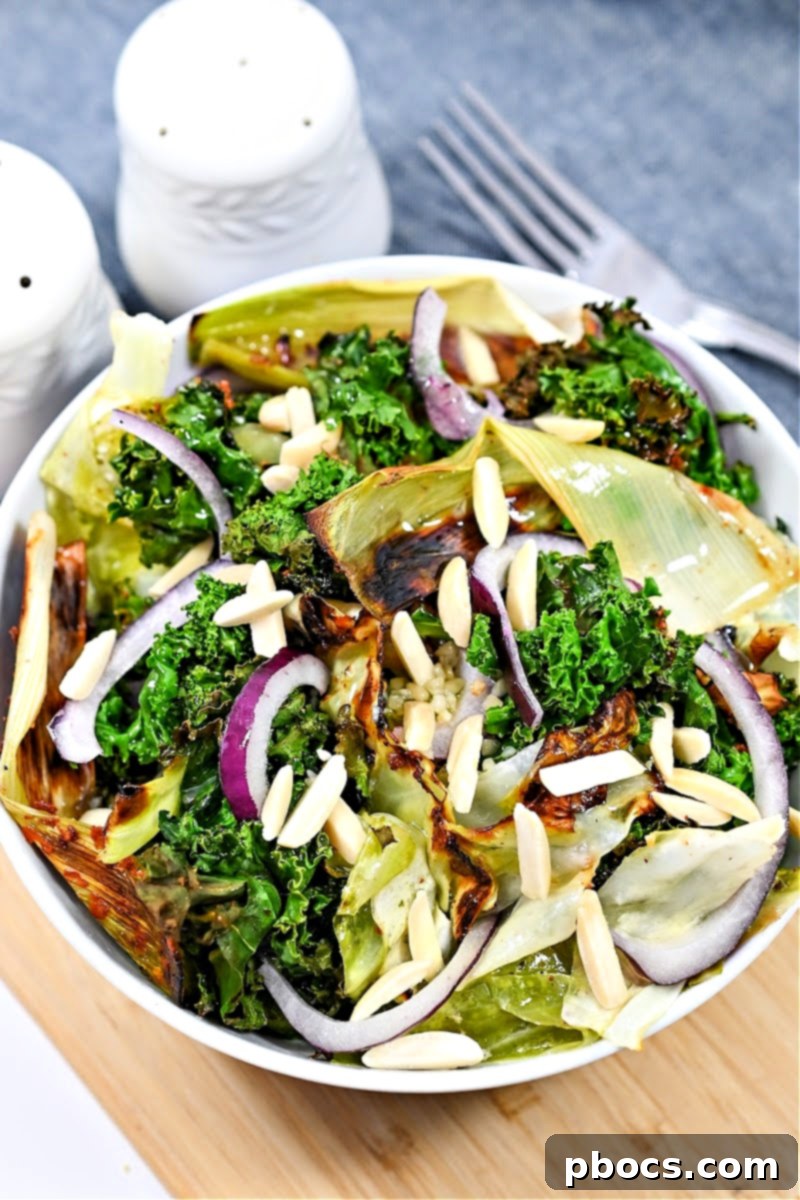 Close-up of baked cabbage and kale for salad