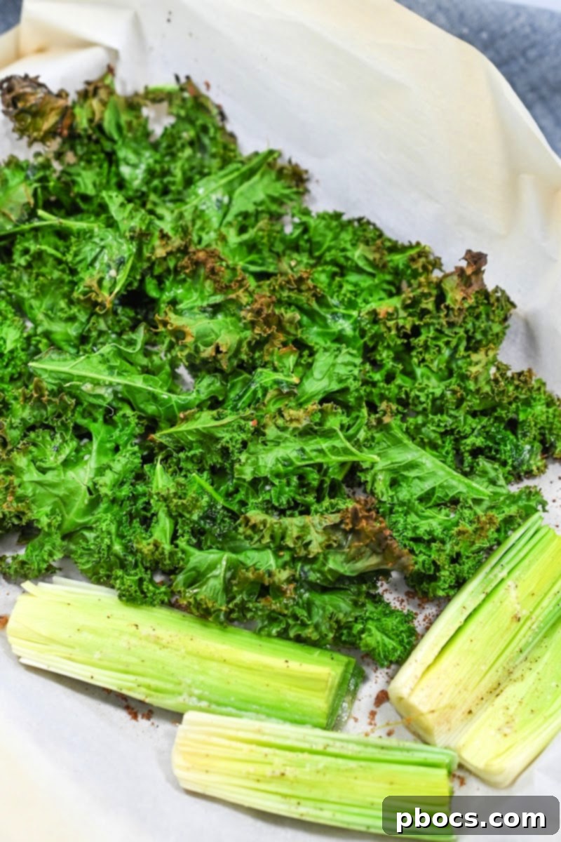 Kale and Leeks on a baking sheet before roasting
