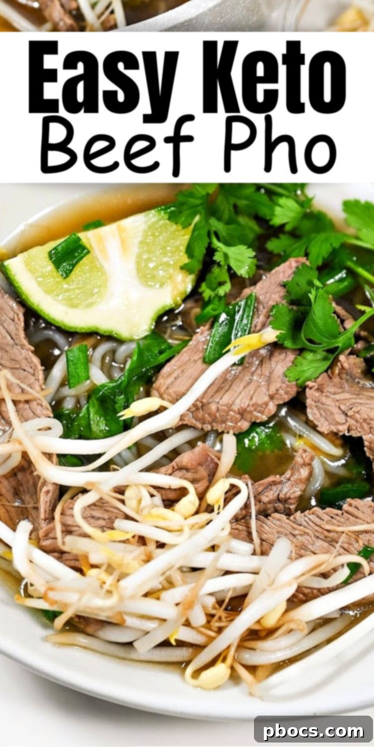 Keto Beef Pho recipe pin for Pinterest, featuring the finished dish with hashtags