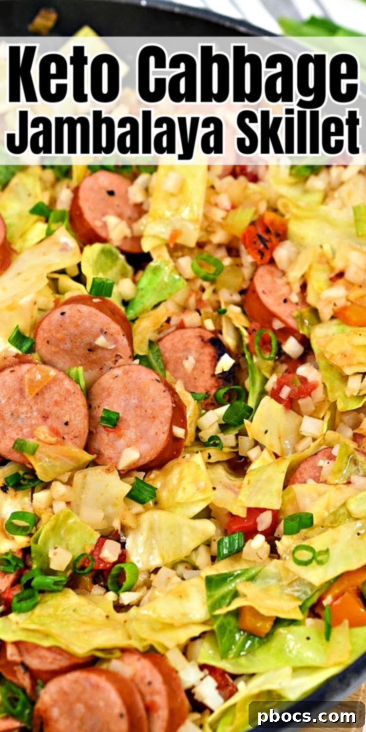 Keto Cabbage Jambalaya Skillet #ketocabbagejambalayaskillet #cabbagejambalayaskillet - A vertical pin-friendly image for Pinterest.
