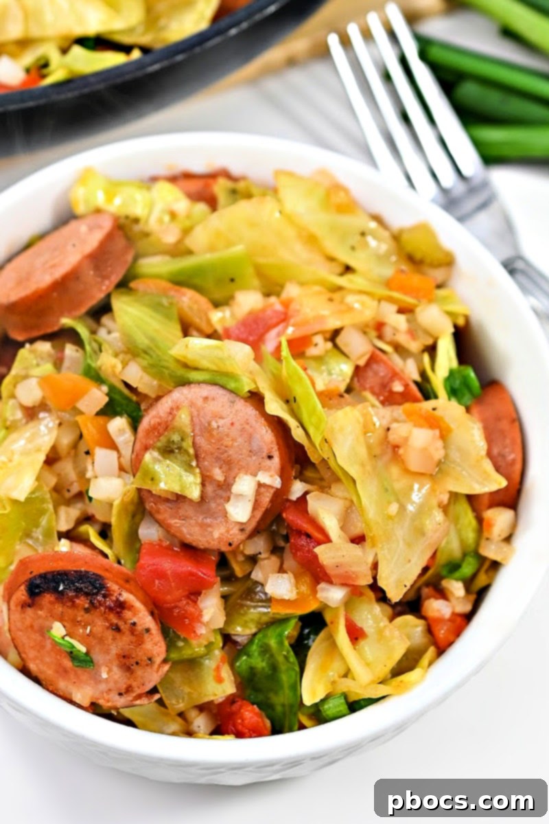 Shredded Green Cabbage in Keto Jambalaya Skillet – Illustrating how fresh cabbage adds flavor, texture, and nutrition to this low-carb jambalaya recipe.