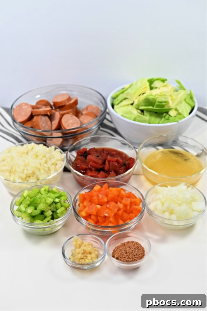 Keto Cabbage Jambalaya Skillet Ingredients – A visual guide to all the fresh ingredients needed for this low-carb jambalaya recipe.