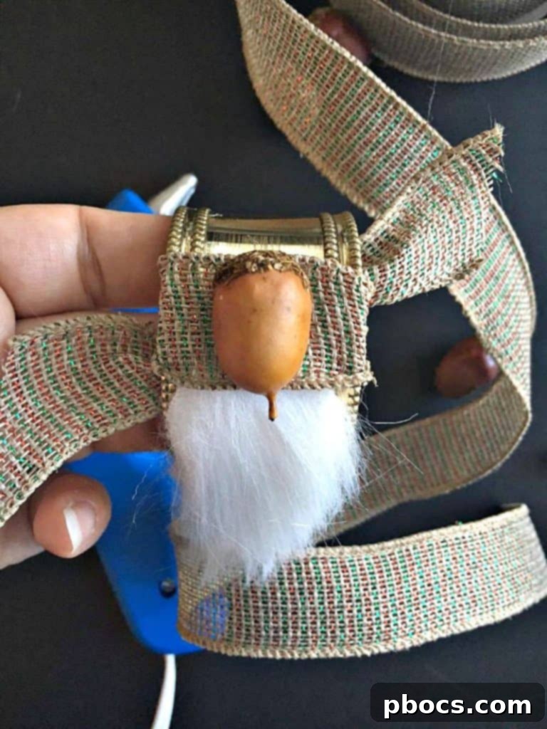 Finishing Touch: Attaching Acorn to Napkin Ring Gluing Acorn to Wired Ribbon Napkin Ring