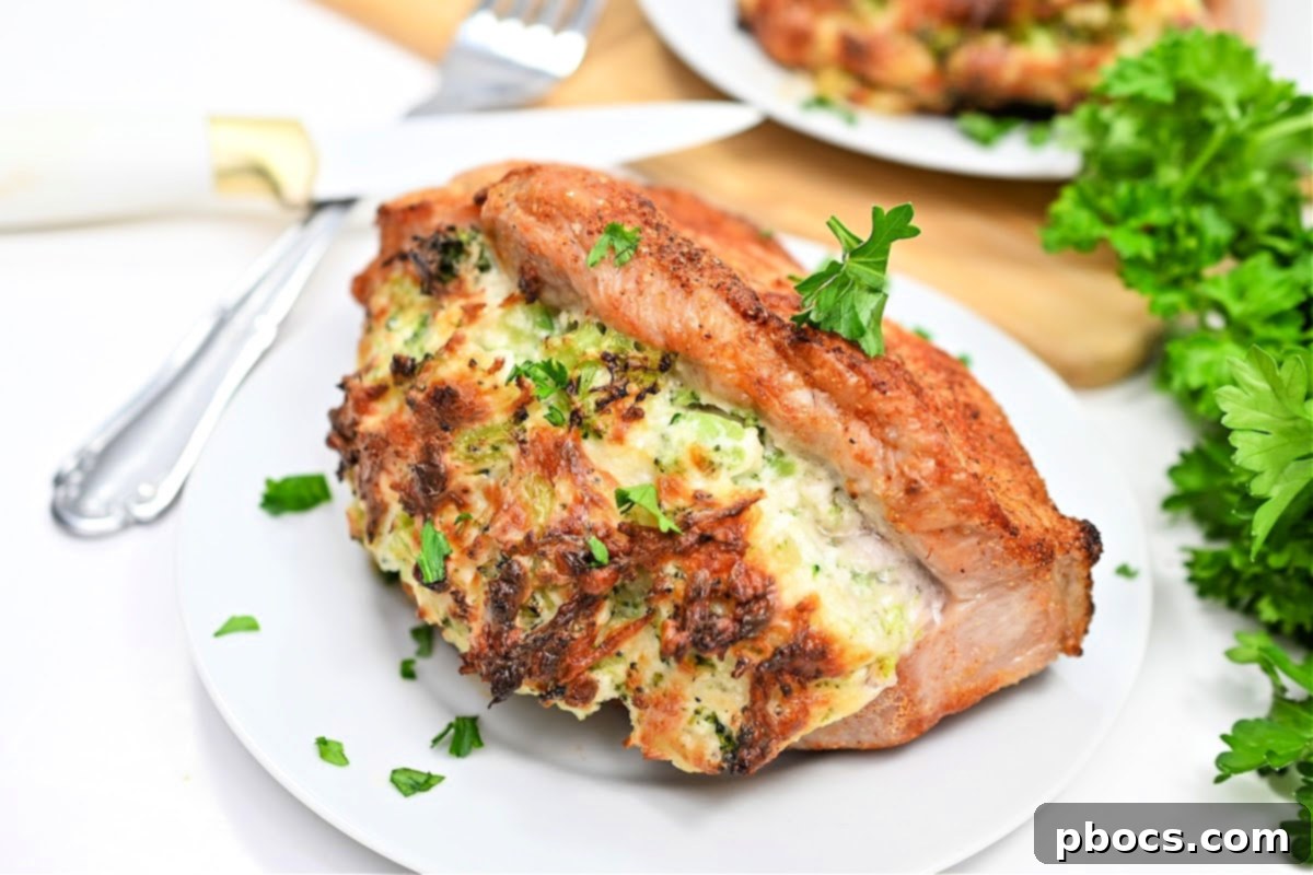 Keto Stuffed Pork Chops with Cheesy Broccoli 6 Keto Cheesy Broccoli Stuffed Pork Chops on a Plate with Sides