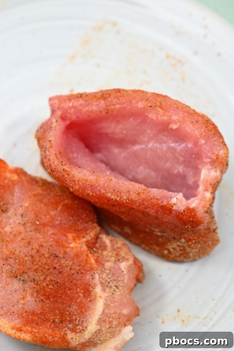 Keto Stuffed Pork Chops with Cheesy Broccoli 10 Slicing a pocket into a pork chop for stuffing