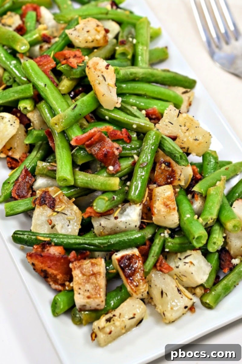 Keto Roasted Garlic Turnips and Green Beans With Bacon - a perfect low-carb side dish