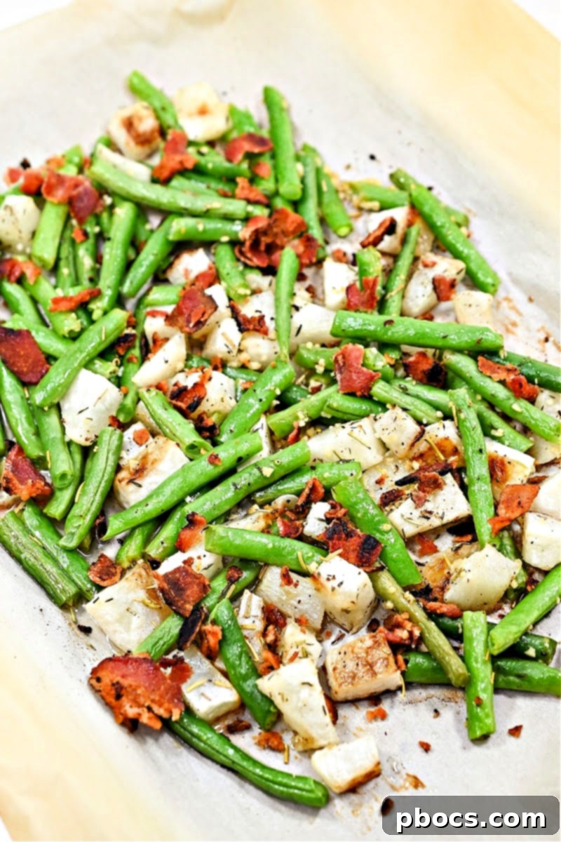 Final plated Keto Roasted Garlic Turnips and Green Beans With Bacon dish