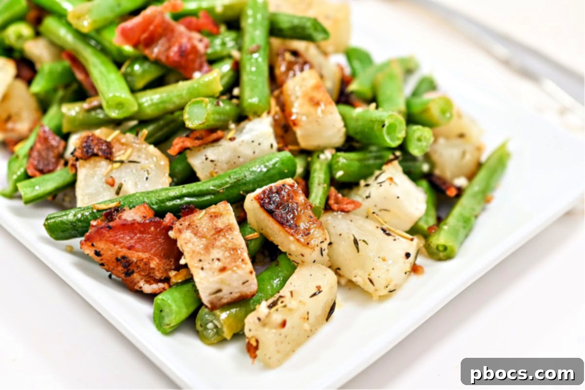 Keto Roasted Garlic Turnips and Green Beans with Bacon in a serving bowl