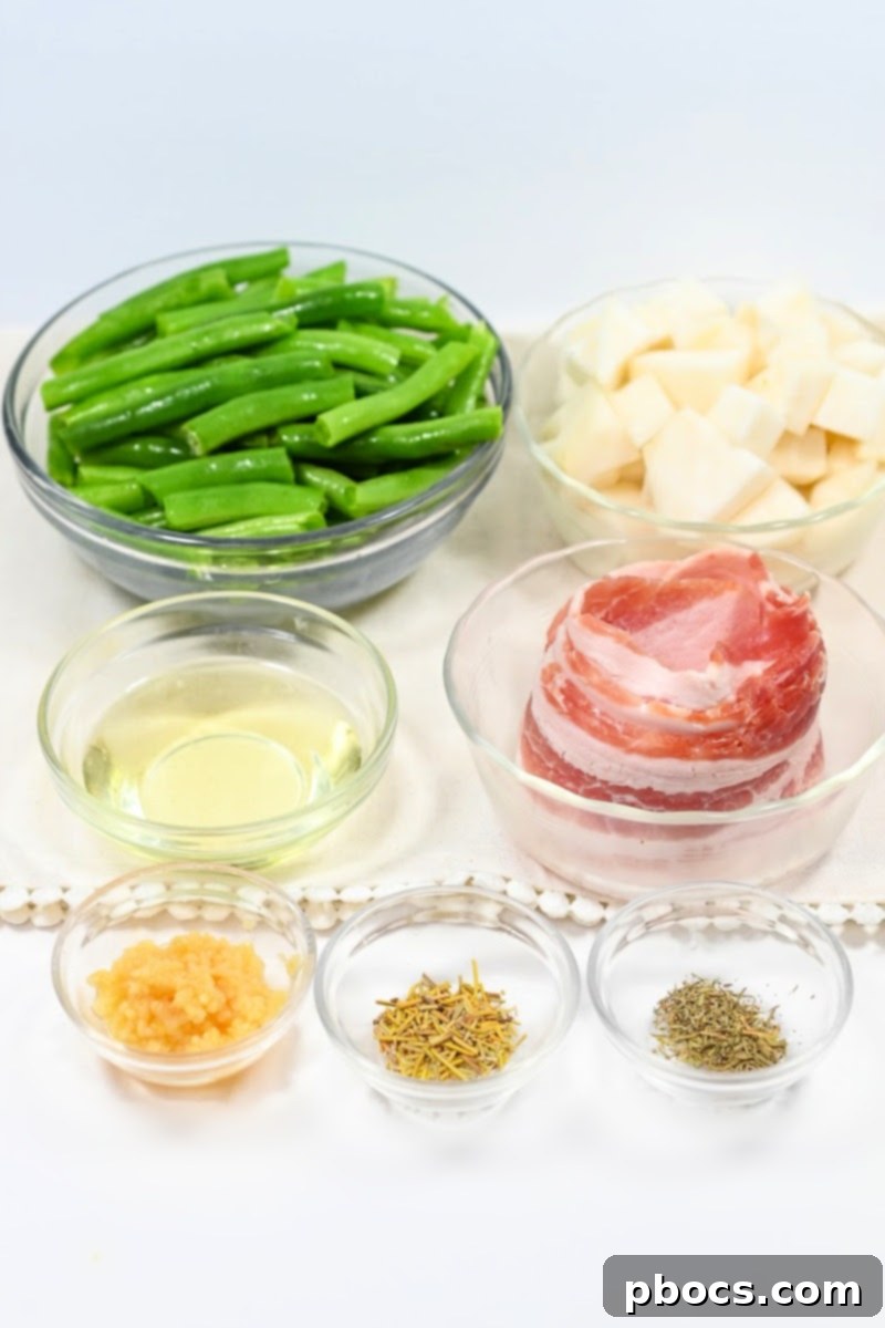 Ingredients for Keto Roasted Garlic Turnips and Green Beans With Bacon