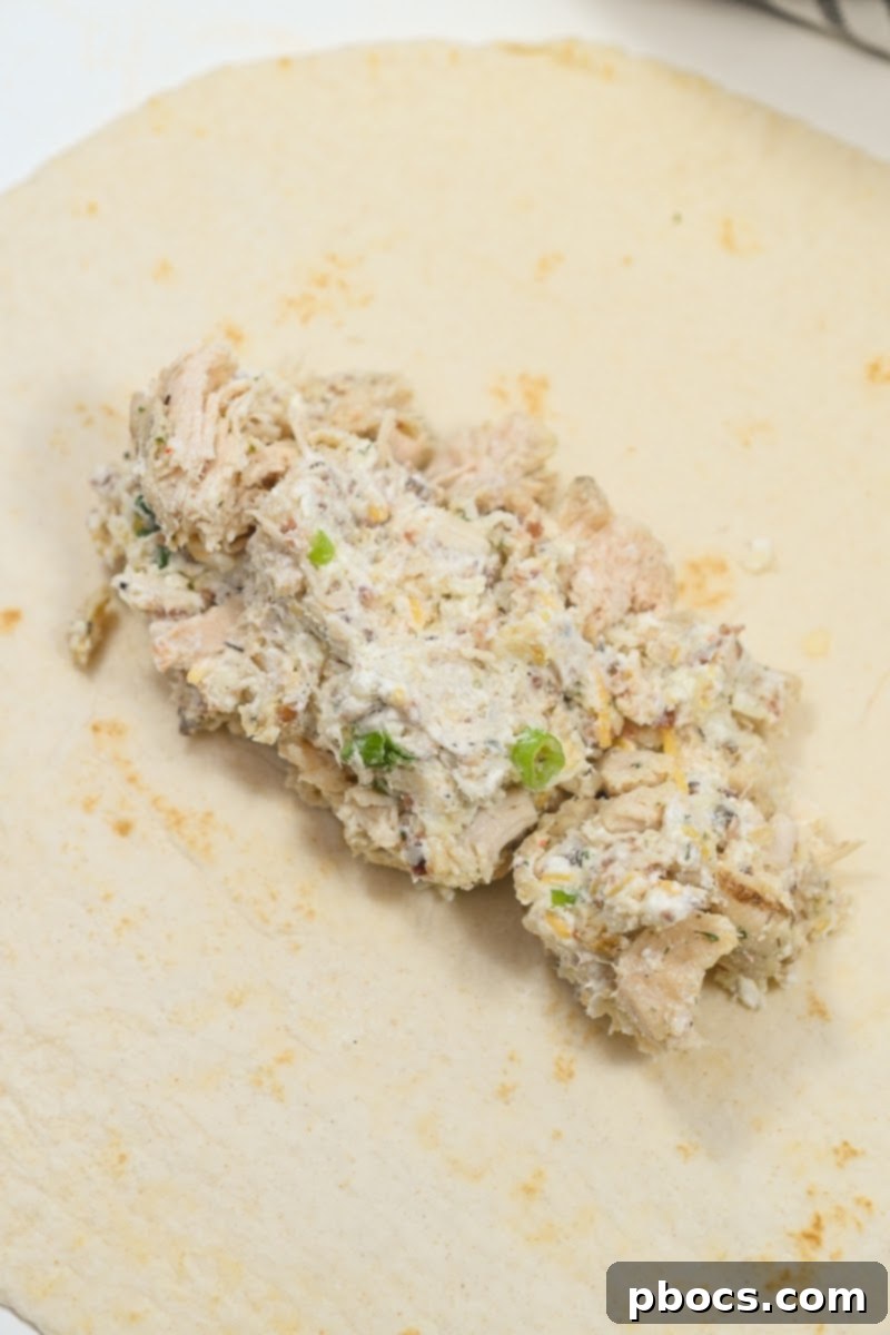 Adding chicken filling to a low-carb tortilla