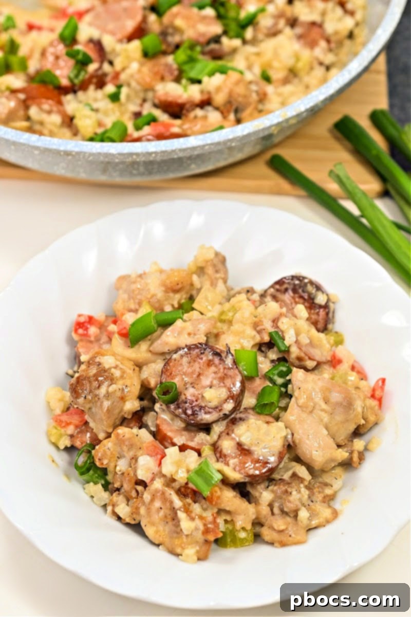 Keto Sausage and Chicken Cajun Alfredo Skillet - A spicy, creamy low-carb dinner