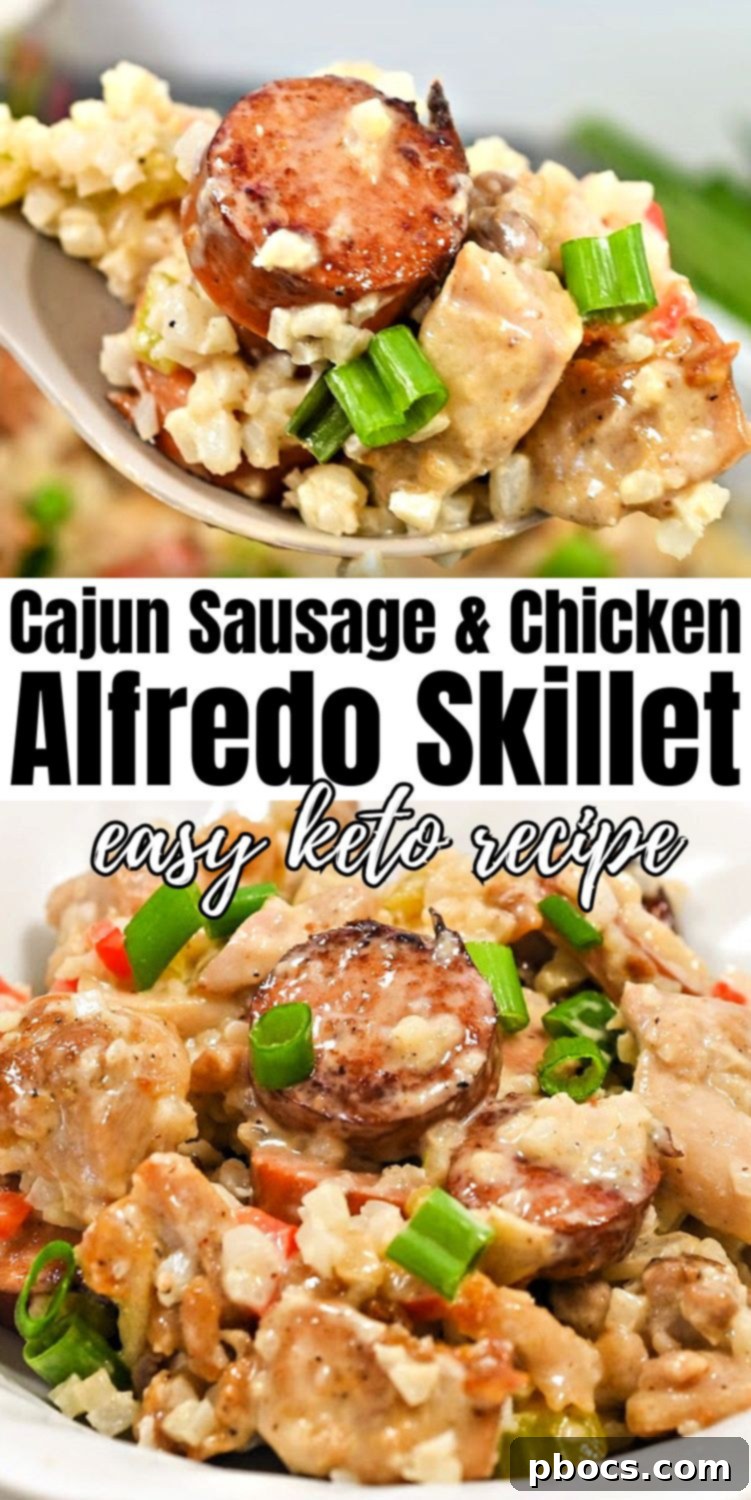 Pin for later: Keto Sausage and Chicken Cajun Alfredo Skillet, low carb and full of flavor
