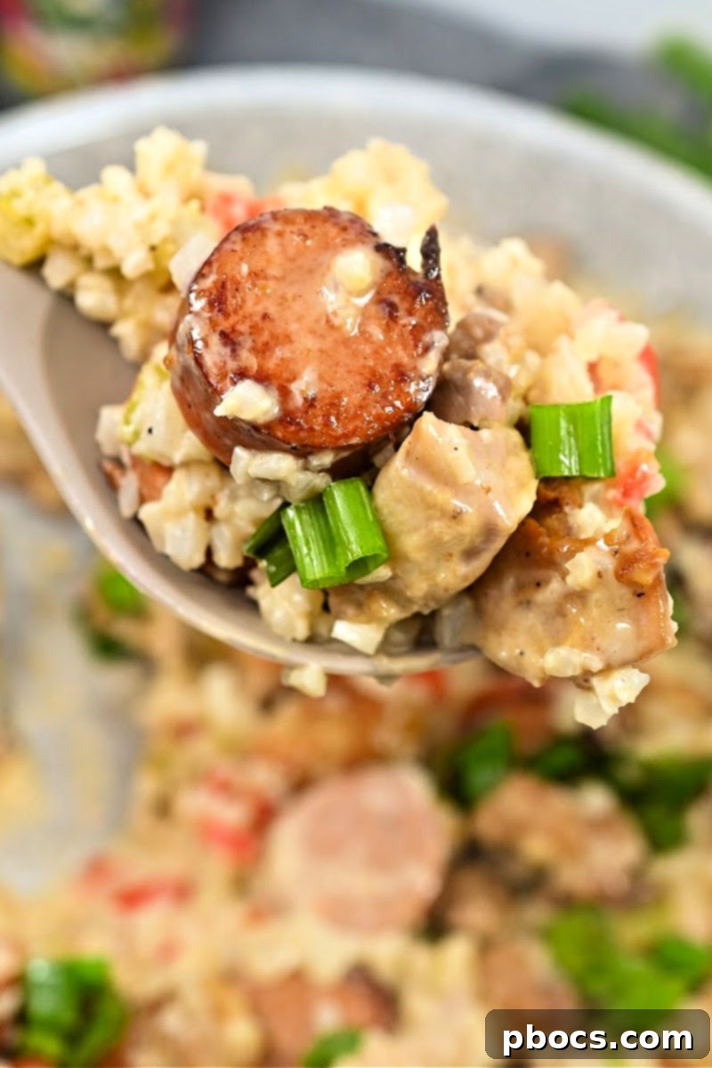 Close-up of creamy Keto Cajun Alfredo with chicken and sausage