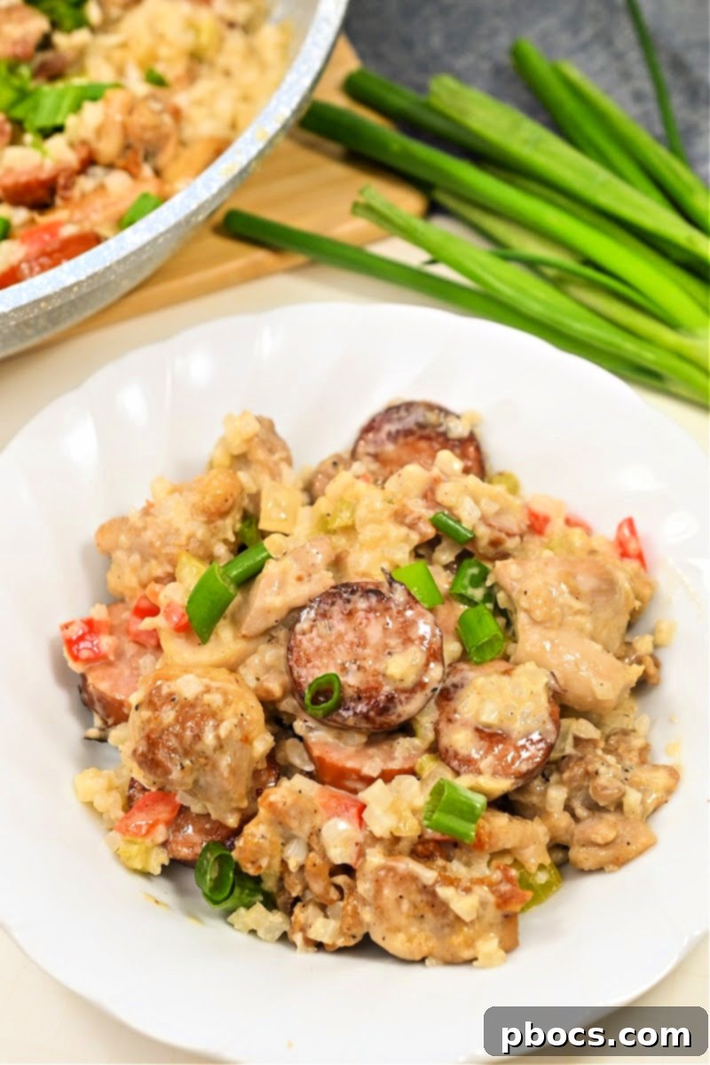 Keto Sausage and Chicken Cajun Alfredo Skillet served with green onions