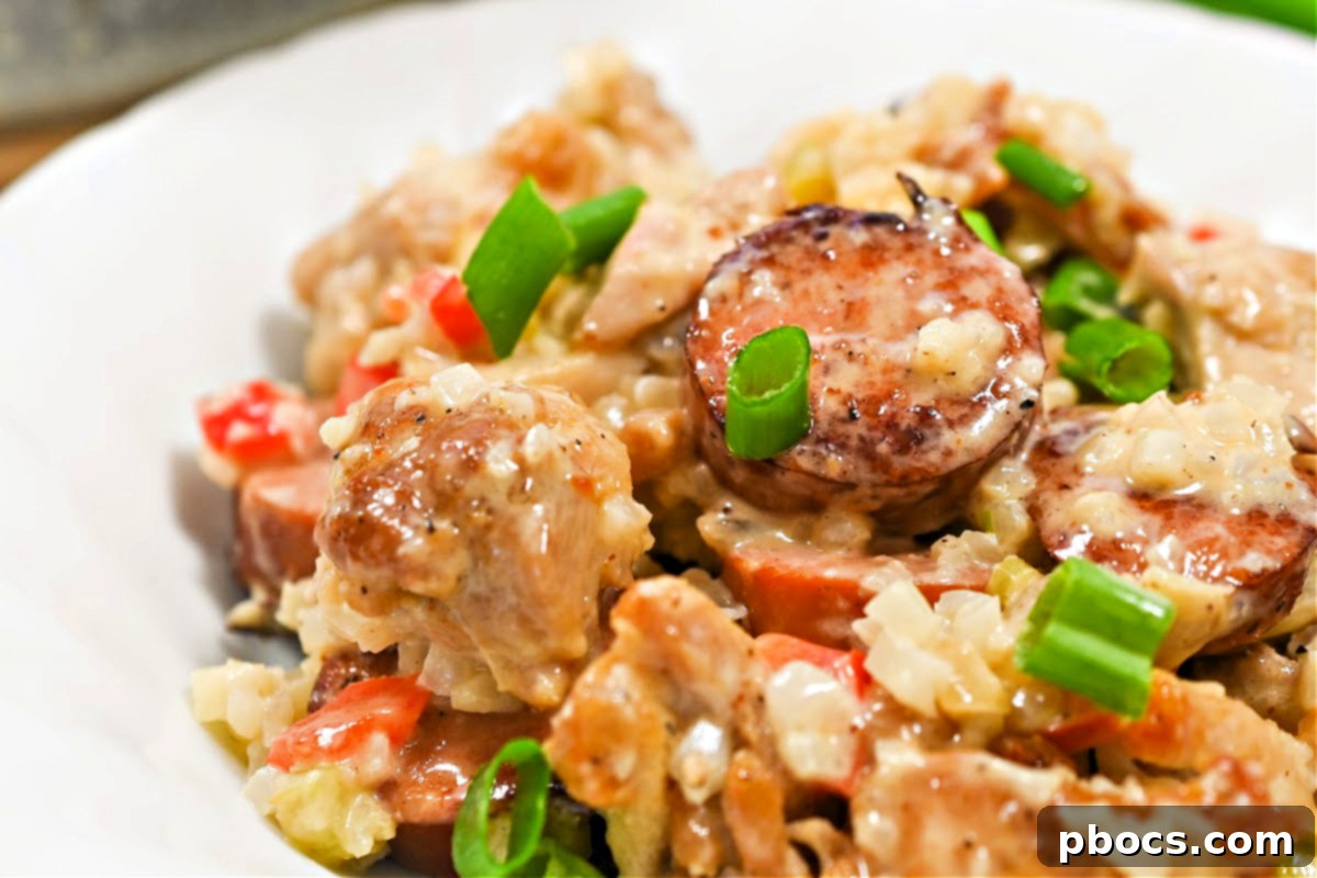 Keto Sausage and Chicken Cajun Alfredo Skillet in a pan