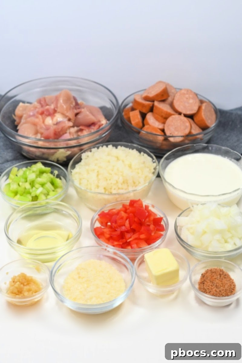 Ingredients for Keto Sausage and Chicken Cajun Alfredo Skillet