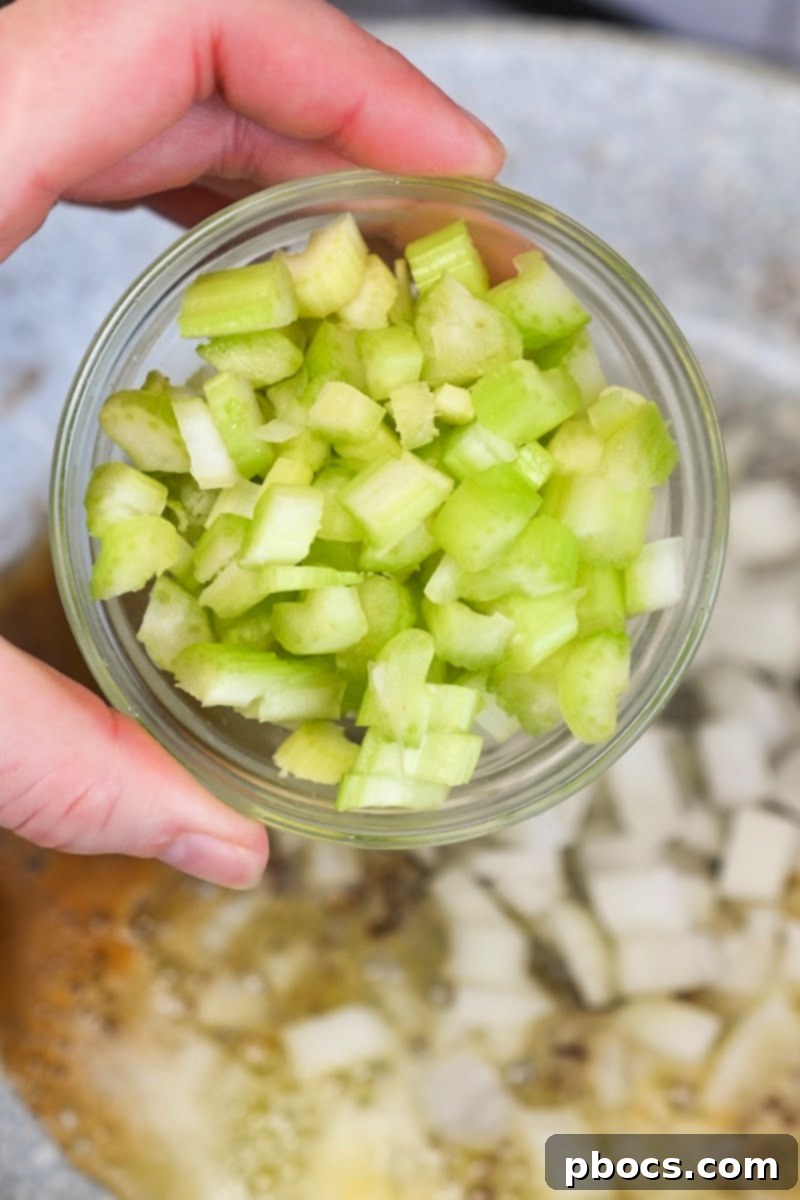Diced celery, onion, and bell pepper for Cajun Alfredo