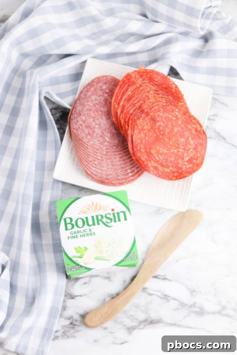 All three ingredients – pepperoni, salami, and Boursin cheese – presented together for the Keto Boursin Roll Ups recipe.