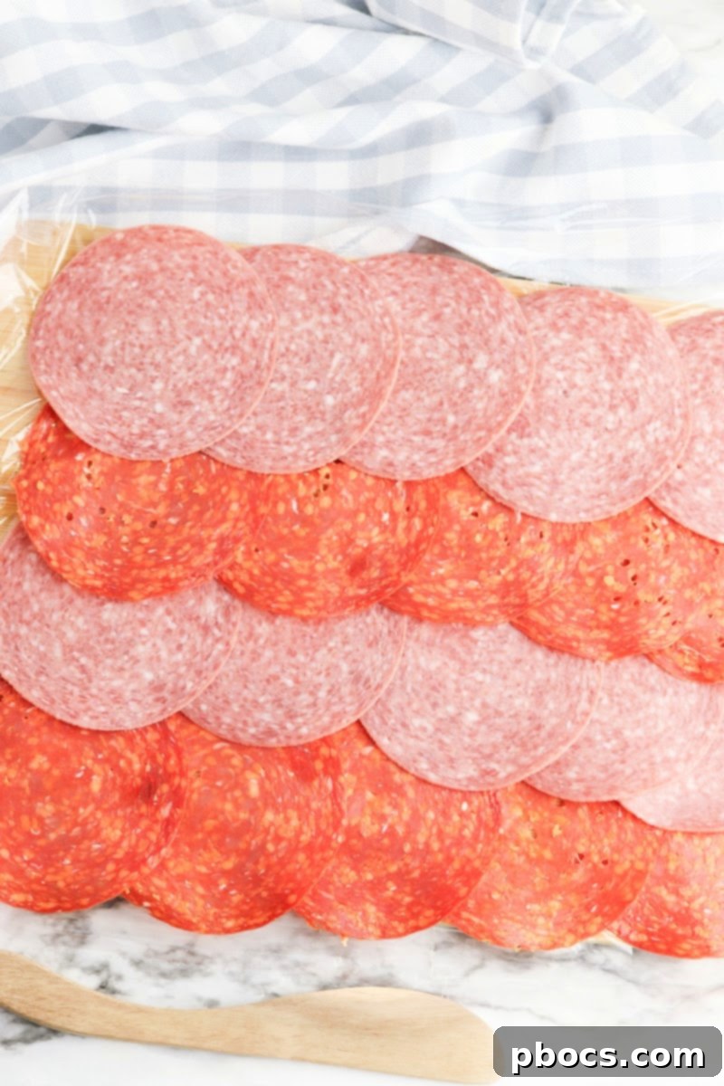 First step of Keto Boursin Roll Ups: Laying out two overlapping pieces of plastic wrap on a flat surface.