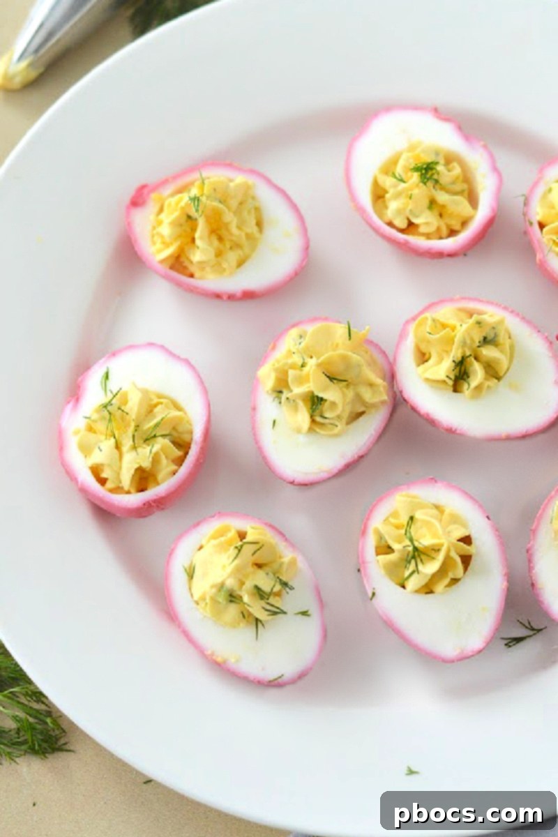 Piping the creamy filling into the pink pickled egg whites
