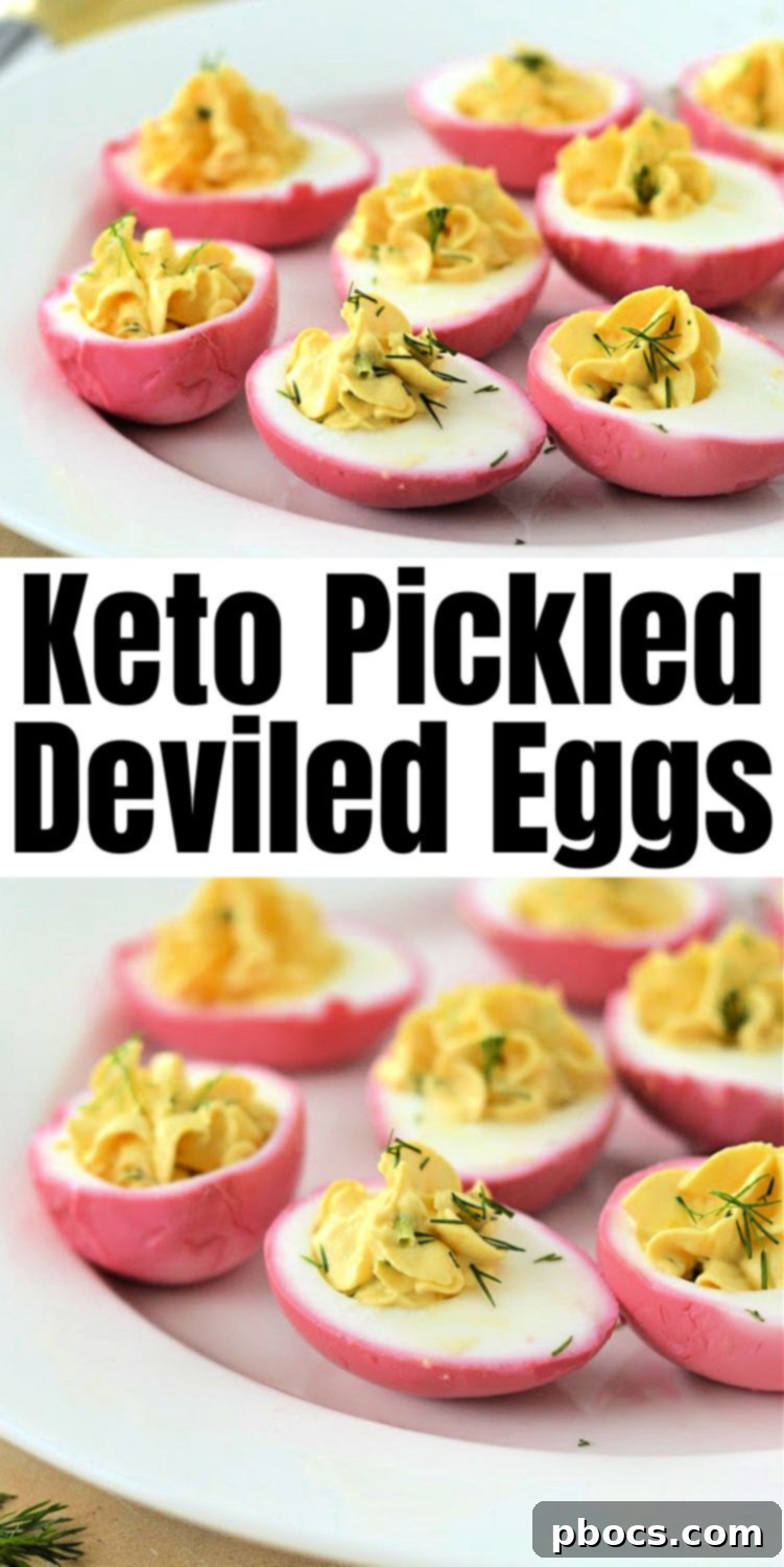 Pinterest graphic for Keto Pickled Deviled Eggs with hashtags