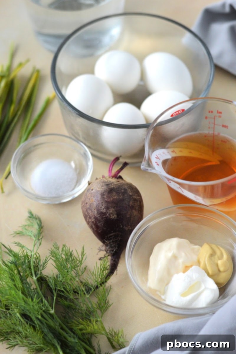 Ingredients laid out for Keto Pickled Deviled Eggs recipe