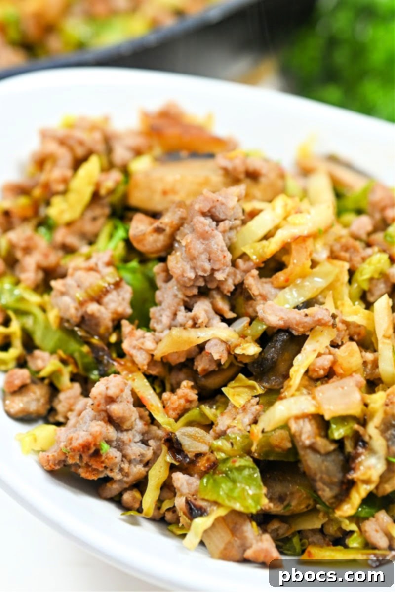 Keto Ground Pork and Shredded Brussels Sprouts Skillet - A delicious low-carb meal