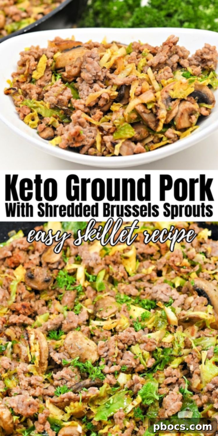 Keto Ground Pork and Shredded Brussels Sprouts Skillet finished dish for Pinterest