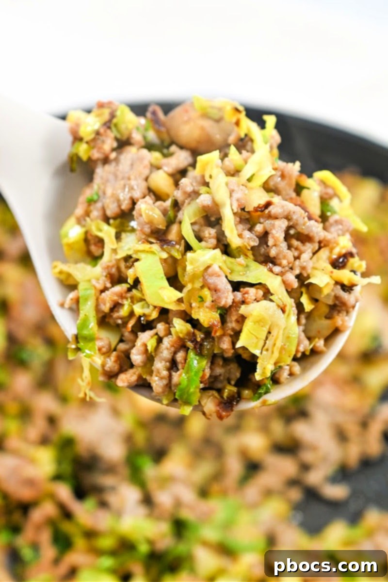 Close-up of Keto Ground Pork and Shredded Brussels Sprouts Skillet showing texture