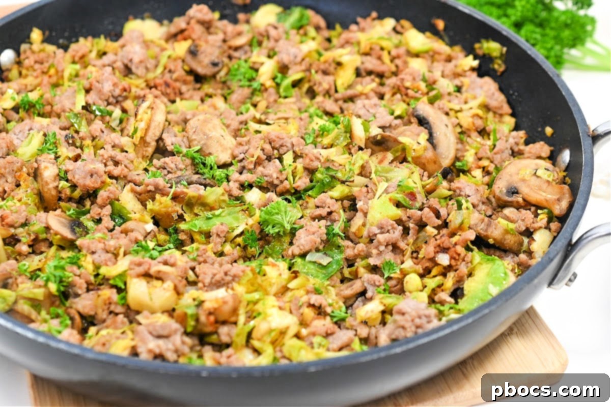 Keto Ground Pork and Shredded Brussels Sprouts Skillet plated, ready to eat