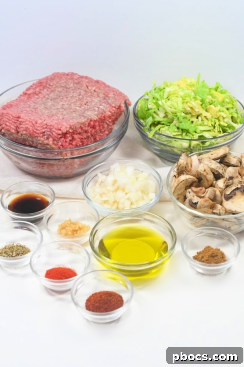 Keto Ground Pork and Shredded Brussels Sprouts Skillet Ingredients laid out